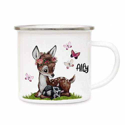 ilka parey wandtattoo-welt Emaillebecher Becher Tasse Camping Reh Waschenbär mit Schmetterlinge & Wunschname Name Kaffeetasse Geschenk eb365