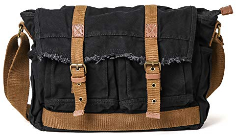Gootium Umhängetasche aus Segeltuch, Vintage-Design, ausgefranster Stil, Schwarz, Einheitsgröße, Umhängetasche