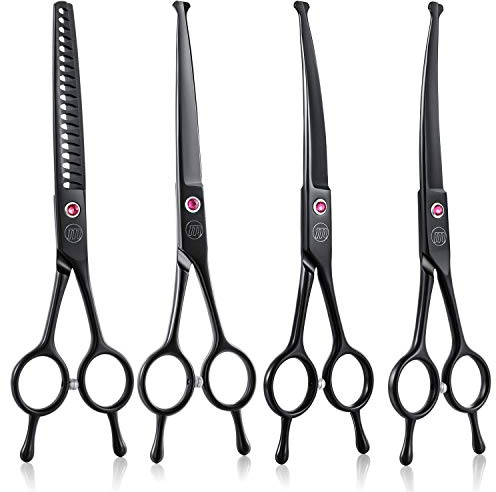 Moontay 7 Dog Grooming Scissors Set with Safety Rounded Tip, Black | Reversible Trimming Thinning Chunkers, Curved, Straight Cat Pet Grooming Shears