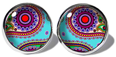 Paisley Türkis-Bunt Ohrstecker ABOUKI Damen Mädchen Kinder Edelstahl Ohrschmuck Motiv Paisleymuster Boho Hippie Ethno handgefertigte Ohrringe silber-farben