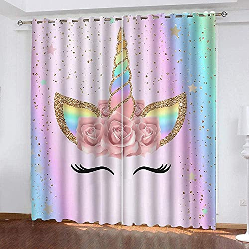 JGTQ Vorhang Kinderzimmer Ösenschal Rosa Einhorn Kinderzimmer Verdunkelungsvorhang Wärmeisolierte Gardinen mit Ösen Polyester 3D Effekt Druck Vorhänge 140x160 cm (W x H)