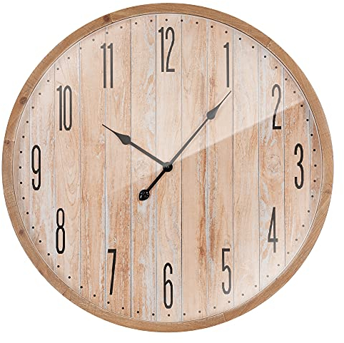 ECD Germany Große Wanduhr Ø 76cm rund mit Arabische Ziffern, Dekorative Uhr aus MDF-Holz und Glas, Fichtenoptik, Design Uhr im Vintage-Stil, Leisem Uhrwerk, geräuschlos, Analoge Wanduhr für Wohnzimmer