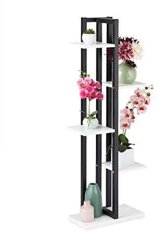 Relaxdays Scaffale Portafiori, Colonna Portavasi da Interno con 5 Mensole, Porta Piante, 117 x 43 x 22 cm, Nero Bianco, Fibra di Legno, 1 pz