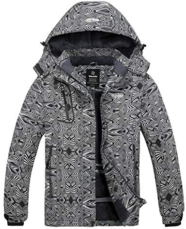 Wantdo Femme Veste de Ski Montagne Hiver Imperméable Isolant Chaude de Sport Voyage Avec Capuche Amovible Snowboard Imprimé Géométrique M