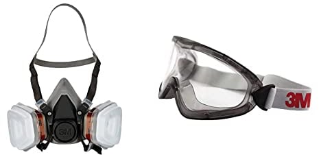 3M Mehrweg-Halbmaske 6002C - Halbmaske mit Wechselfiltern gegen organische Gase, Dämpfe und Partikel & 2890SA Vollsichtbrille, 2890er Serie, AF, UV, A, ohne Belüftungsschlitze (gasdicht), Klar