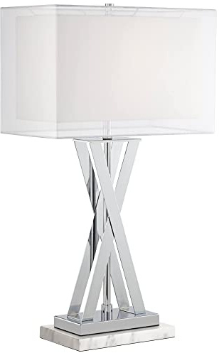 Possini Euro Design Proxima Modern Table Lamp with White Marble Riser 28 Tall Chrome Silver Metal Double Rectangular Shades Decor for Bedroom Living Room Nightstand Bedside Office Kids Room