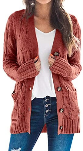 JFAN Cardigan Donna Maglia Inverno Casual Lungo Lana Cardigan con Tasche Sciolto Aperto Anteriore Bottoni Cardigan,Rosso XL