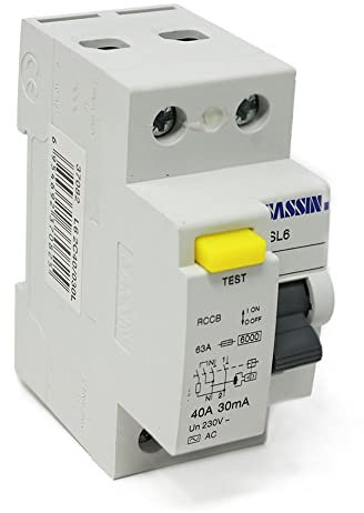 SASSIN Interruptor diferencial 2 polos 3SL6 40A 30mA AC 6KA, pulsador, normalmente abierto, engarzado, montaje en carril DIN