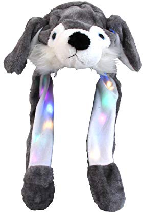 Alsino Wackelohr Mütze mit LED und beweglichen Ohren aus Plüsch Kostüm für Kinder und Erwachsene Tier Plüsch Spielzeug Hut, Wolf grau