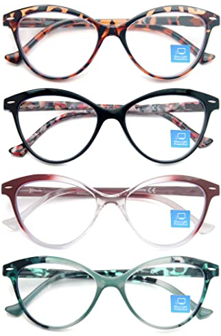 HEEYYOK 4Pack Reading Glasses for Women +0.75 Blue Light Blocking Cat Eye Ladies Readers Glsses Flexible Spring Hinge
