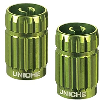 UNICHE Tyre Valve Stem Cap with Core Removal Function - 2 Pack [Green] | Schrader Valve Dust Cap with Core Removal Tool, Universal Tire Valve Caps for Bike, Motorbike, Car, Truck, and SUV