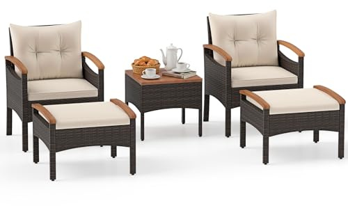 COSTWAY Salon de Jardin en Rotin 5 Pièces, Meuble de Jardin avec 2 Fauteuils 2 Ottomans et Table d'Appoint avec Plateau en Bois d'Acacia, Coussins Amovibles, pour Patio Cour (Beige)