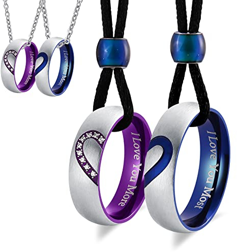 Whoiy Pärchen Kette, Halskette Herren Edelstahl BFF Ketten Herz Änhänger Blau Lila 6mm Zirkonia Ring Mit Gravur “I Love You More I Love You Most