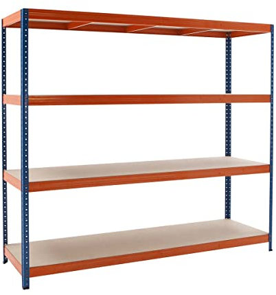 BiGDUG Essentials Industrial Shelving Unit - 4 Tier Racking Shelving - 178cm High Steel Shelving - 300kg UDL Per Shelf - Blue & Orange (178h x 180w x 45d cm)