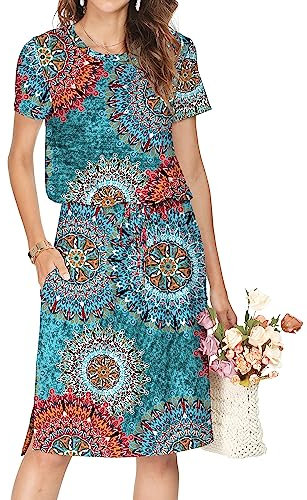 Cuptacc Kleider Damen Sommerkleid Damen Leicht Loose Fit Party Kleid Damen Elegant Rundhalsausschnitt Kurzarm Wedding Guest Dress Grüne Blumen S