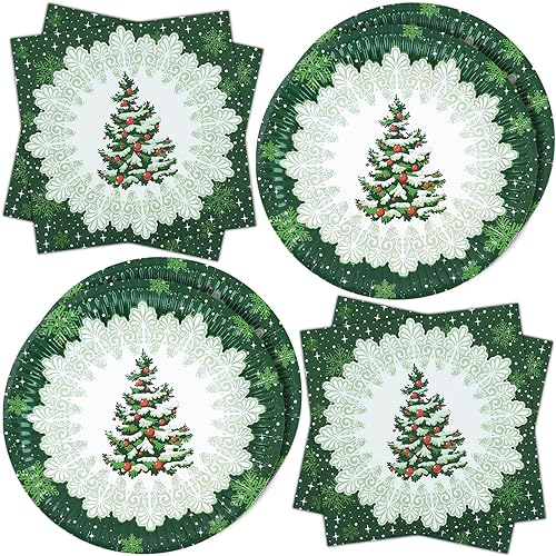 ZVK Vajilla de fiesta, Juego de Platos, Servilletas 40 piezas Árbol de Navidad vintage Juegos de vajilla para fiestas de papel Juegos de cubiertos desechables para Navidad, Año Nuevo