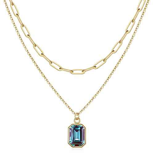 TINGN Geburtsstein Kette Damen Gold, Alexandrit Halskette Damen Gold Juni Geburtsstein Kette Mädchen Alexandrit Kette Alexandrit Schmuck Geschichtet Goldkette Damen Schmuck Gold Schmuck Mädchen