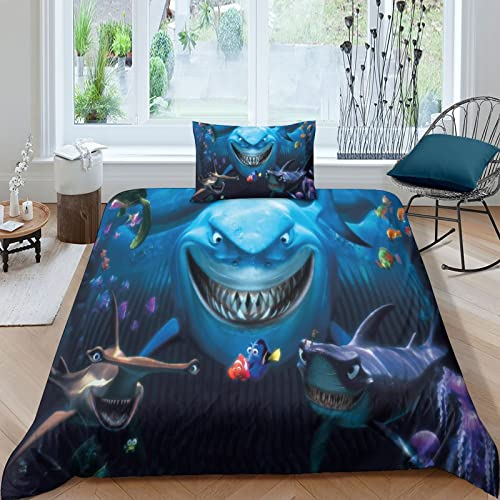 HESHS Findet Nemo Bettwäsche Set,Marlin Muster Kinder, Jungen, Mädchen Bettbezug Set,3 Stück Weiche Mikrofaser Bettbezug Mit Reißverschluss Und Kissenbezug Single(135x200cm)