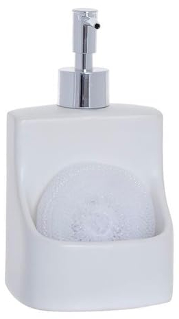 Solty - Dispensador Jabon Cocina - Dosificador Jabon Lavavajillas de Ceramica Blanco - Jabonera para Cocina y Baño con Estropajo Incluido - Pack Completo de Dispensador (Blanco)