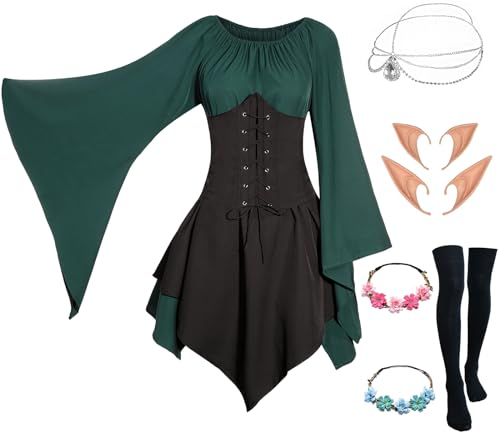 Mittelalter Renaissance Kostüme Kleid Damen Trompetenärmel Gothic Retro Kleidung Karneval Kostüm Piraten Elfen Cosplay Outfit mit Elfenohren Haarschmuck Overknee Socken für Fasching Halloween VL024S