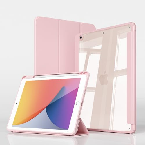 ZKTUYU Hülle für iPad 9. Generation 2021/iPad 8. Generation 2020/iPad 7. Generation 2019, Smart Folio Hülle mit Stifthalter für iPad 10,2 Zoll, Transparente Rückseite, Auto Schlafen/Wachen,Rosa