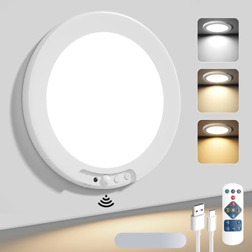 LED Rechargeable Ceiling Light, Battery Operated Motion Sensor Lights Indoor Wireless, Battery Powered Wall Lamp for Bath Shed Porch Stairs Garage, 3 Color Temperatures, Magnetic, Remote Control