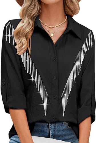 MYMORE Womens Rhinestone Fringe Button Down Shirt Rolled 3/4 Sleeve Sparkly Top Concert Nashville Western Cowgirl Outfit, A_Black, XXL