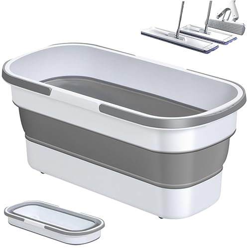 Cubo de trapeador Rectangular de 20x8in de 20x8in, Cesta de Lavado Plegable de Gran Capacidad con Cubo de trapeador Que Ahorra Espacio con Ruedas en Movimiento de Limpieza de Color Gris
