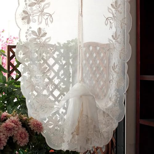 A.Monamour Raffrollo mit Schlaufen Raffgardinen Bindegardine Schlaufenrollo Weißer Transparenter Bestickter Voile Floraler Spitze Küche Gardine Vorhang Store, Rod Tasche/Pinch Pleat, 1 Stück