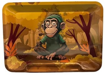 Rolling Tray - Premium Metal Rolling tray With Artistic Designs, Gloss Print, Perfect for Gifts, Character Papers Tips Kit, and Accesories By Mystic City (Monkey(206x146mm))