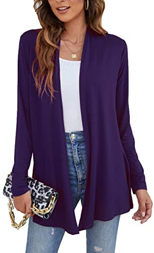 Ladlop Cardigan da donna leggero aperto sul davanti a maniche lunghe casual morbido drappeggiato autunno cardigan, Viola, 3XL