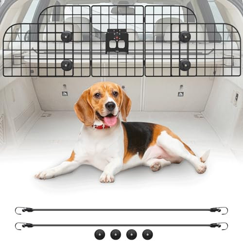 Denmay Rejilla de protección universal para perros, 30,7 x 93-150 cm, ancho ajustable, reposacabezas para maletero con puerta de entrada, 2 cinturones de seguridad para perros, color negro