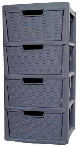 ALEEZ - Large Plastic Drawer Storage Unit - Rattan Effect 4 Drawer Cabinet - Multipurpose Storage Organiser - Office, Tabletop Desktop Drawer - Bedroom Chest Drawer Unit - (Grey, 4 Drawer)