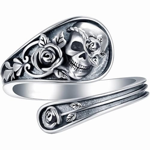 Dishowme Bague crâne squelette faucheuse croix bague rose fleur punk doigt bague réglable bijoux pour femmes hommes, Métal, Aucune pierre précieuse