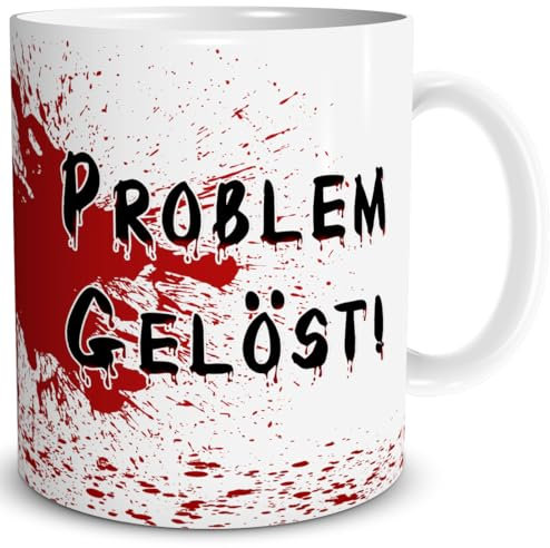TRIOSK Tasse Blut mit Spruch Problem Gelöst Horror Sprüche Halloween Geschenk gruselig lustig für Arbeit Büro Kollegen Männer Frauen Weiß, Keramik 300ml