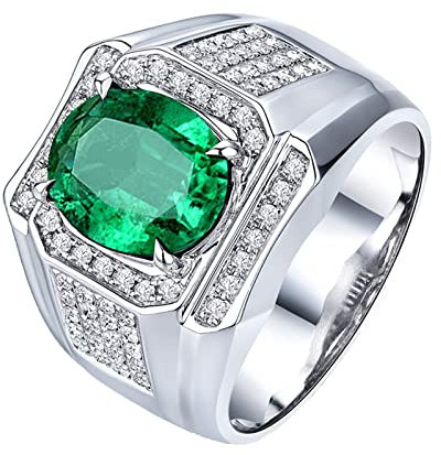 NTALJC Weißgoldringe 18 Karat für Herren, Eheringe für Herren, luxuriös, breit, 4 Krallen, oval, 3 Karat, im Labor hergestellter Smaragd mit Moissanit-Ring, Weißgold