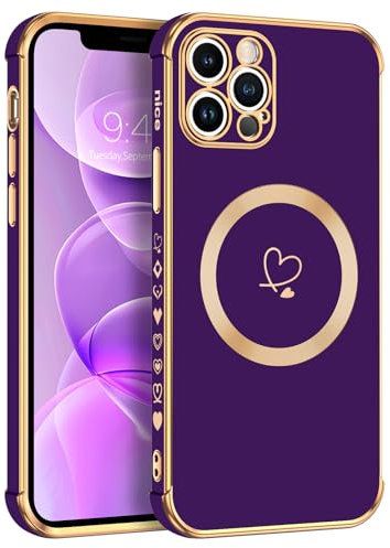 Telaso Magnetische Hülle für iPhone 12 Pro Max, Handyhülle für iPhone 12 Pro Max Niedliches Herz Muster [ Kompatibel mit MagSafe ] Weiche Plattierung Abdeckung für Frauen, Schutz der Kamera, Lila