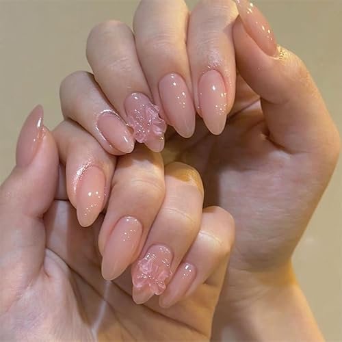 French Tip False Nails - 24pcs Almond Fake Nails - Nude Pink Press on Nails Short with Bowknot - 12 Sizes Oval Stick on Nails - Full Cover Acrylic Nails for Women Girls Nail Art