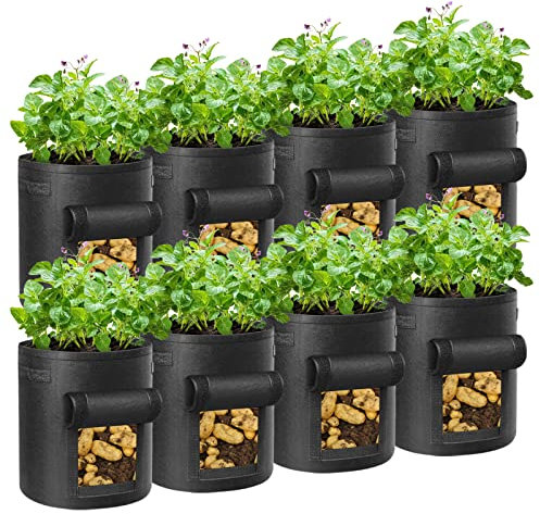 LITLANDSTAR 8 Stück 10 Gallonen Kartoffel Pflanzsack, 37L Kartoffel Pflanzen Tasche aus Vliesstoff mit Sichtbarer Klappe und Griffen für Pflanze Tomaten, Kartoffeln, Gemüse und Blumen (Schwarz)