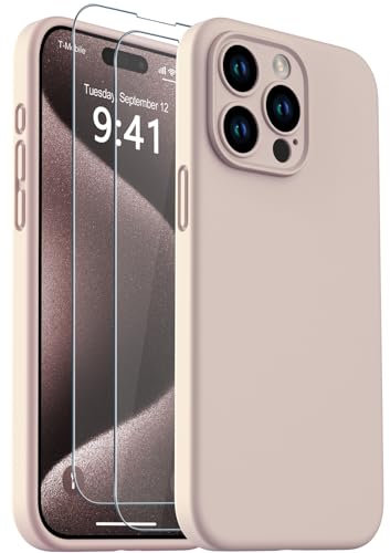 CASELIVE for iPhone 15 Pro Max Case, Liquid Silicone Case with [Tempered Glass Screen Protector] Full Body Shockproof Anti-Scratch Soft Microfiber Lining Cover for iPhone 15 Pro Max 6.7''(Pink)