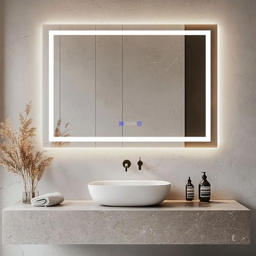 Kasloglow Badspiegel mit Beleuchtung und Uhr 80x60 cm – LED Spiegel Bad, Dimmbar, Warmweiß & Kaltweiß, Antibeschlag, Touch-Schalter, Badezimmer Wandspiegel