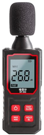 Dezibelmesser, LCD -Bildschirm, Hohe Genauigkeit von 1/2 Zoll Mikrofon, Visueller Alarm. Herunterfahren ohne Betrieb, ABS NF 562, Rauschbereich 30-130 DB, Kapazitiver Sensor