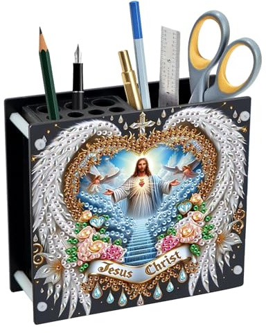 DCIDBEI Peinture Diamant Porte-Stylo 13x12cm Broderie Diamant Boîte de Rangement pour Stylos de Bureau Peinture par Numéros Organisateur de Fournitures Pot à Crayons Jésus Tasse à stylos