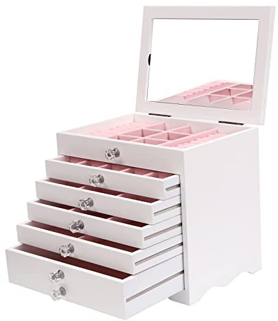 chennnls Weiße Schmuckkasten mit Spiegel - 7 Schicht Schmuckorganizer mit 5 Schubladen, 28 x 19 x 26 cm, Große Schmuckbox mit Flanellfutter für Halsketten & Ohrringe (7 Schicht - Weiße)
