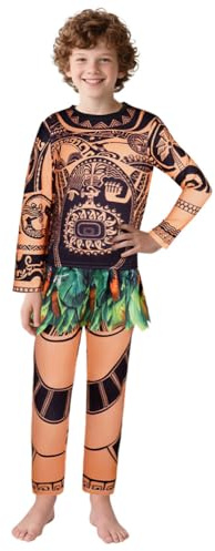 DiULi Maui Kostüm, Kostüm Kinder Maui Tattoo-T-Shirt und Hose, Kostüm Set für Ozean Karneval Halloween Kinderkostüm, Maori Verkleidung, A 110CM