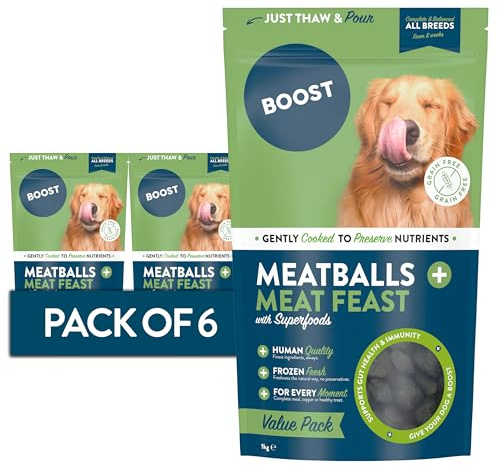 BOOST Pet Meatfest Meatballs Dog Food and Treat - Frozen Fresh Wet Dog Food, Grain Free, Made with 80% Chicken, Beef, and Pork, Complete Nutritional Meal for Pets, Nothing Artificial - 6 x 1kg