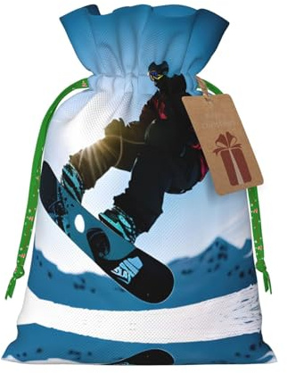 M Wiederverwendbare Weihnachtstasche – Snowboard-Bild-Druck mit Kordelzug, Geschenkbeutel für Feiertage, Geburtstage und Hochzeiten