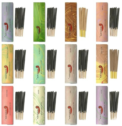 Anandam Auroshikha - Mini bastoncini di incenso con 12 diversi profumi, durata circa 15 minuti, lunghezza solo 10 cm, ideale per tempi di affumicatura più brevi, locali più piccoli e più leggero