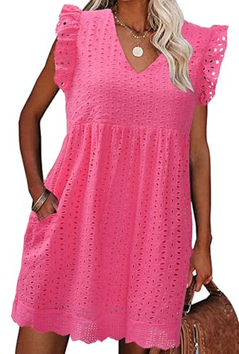 heekpek Robe Ete Femme Coton Col V Robe Courte sans Manches à Volants Boheme Chic et Elegant Légère Short Robes de Plage avec Poches