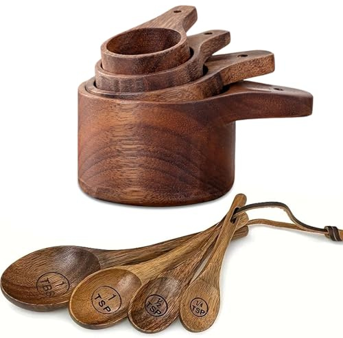 VELAJA Juego de Cucharas y Tazas Medidoras de Madera, 8 Piezas Tazas (Acacia) y Cucharas (Nanmu) con Escalas Grabadas, Diseño Apilable para Medir Ingredientes en Cocina y Repostería